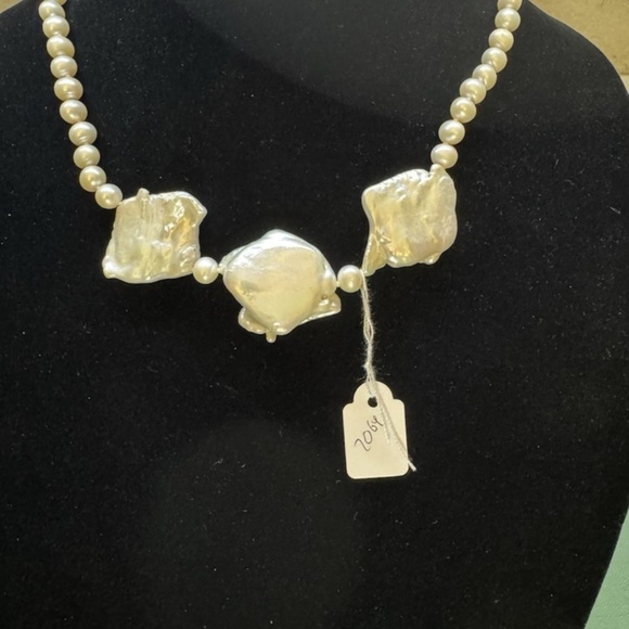 Necklace Beaded, Large Baroque Square, With White Round Earls, Clasp Silver.! - Picture 2 of 10